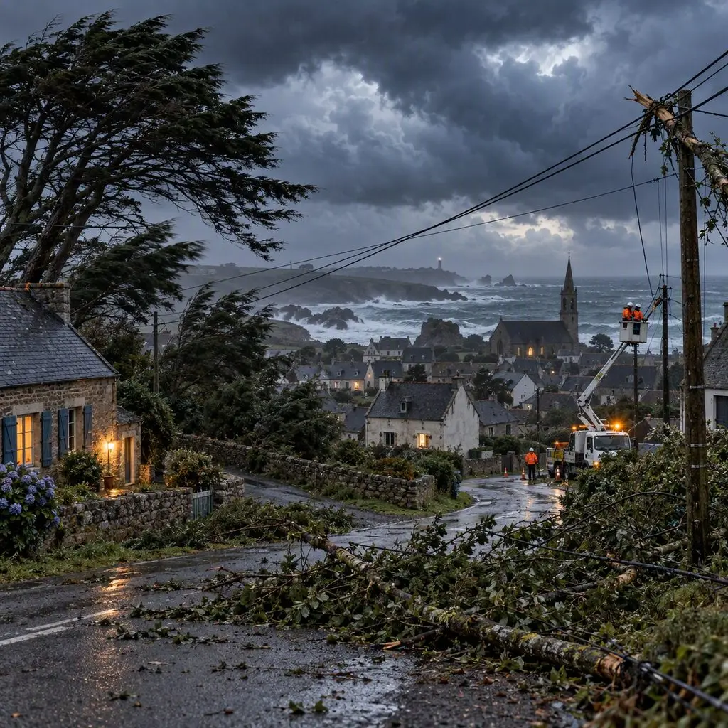 Tempête en Bretagne, branches tombées sur le réseau électrique et intervention d'urgence pour rétablir le courant.